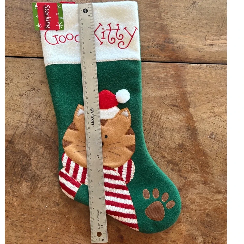 Preferred Products Good Kitty Christmas‎ Stocking Green Felt Ginger Cat Applique